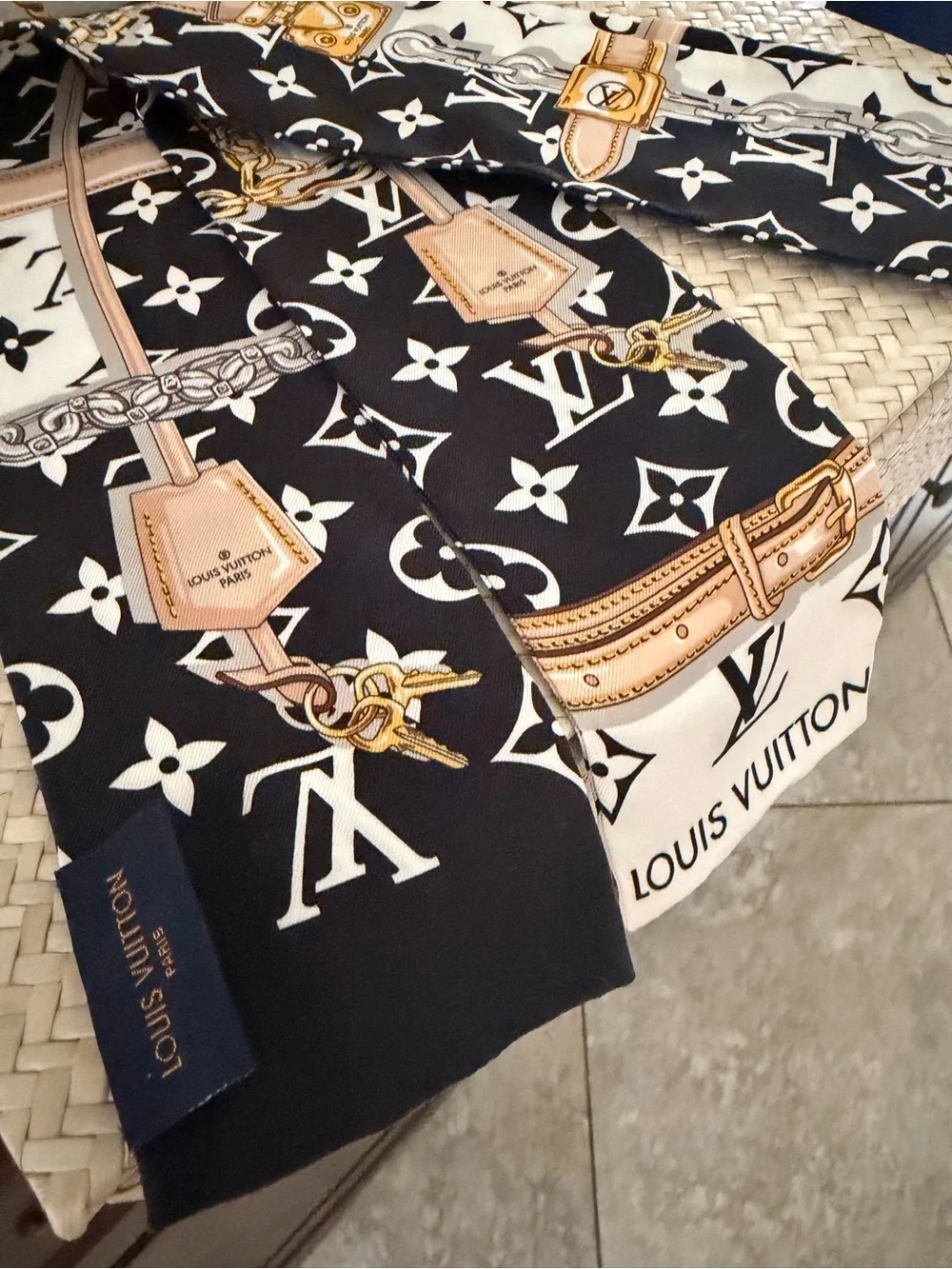 Louis Vuitton Black, White & Gold Monogram Twilly Scarf